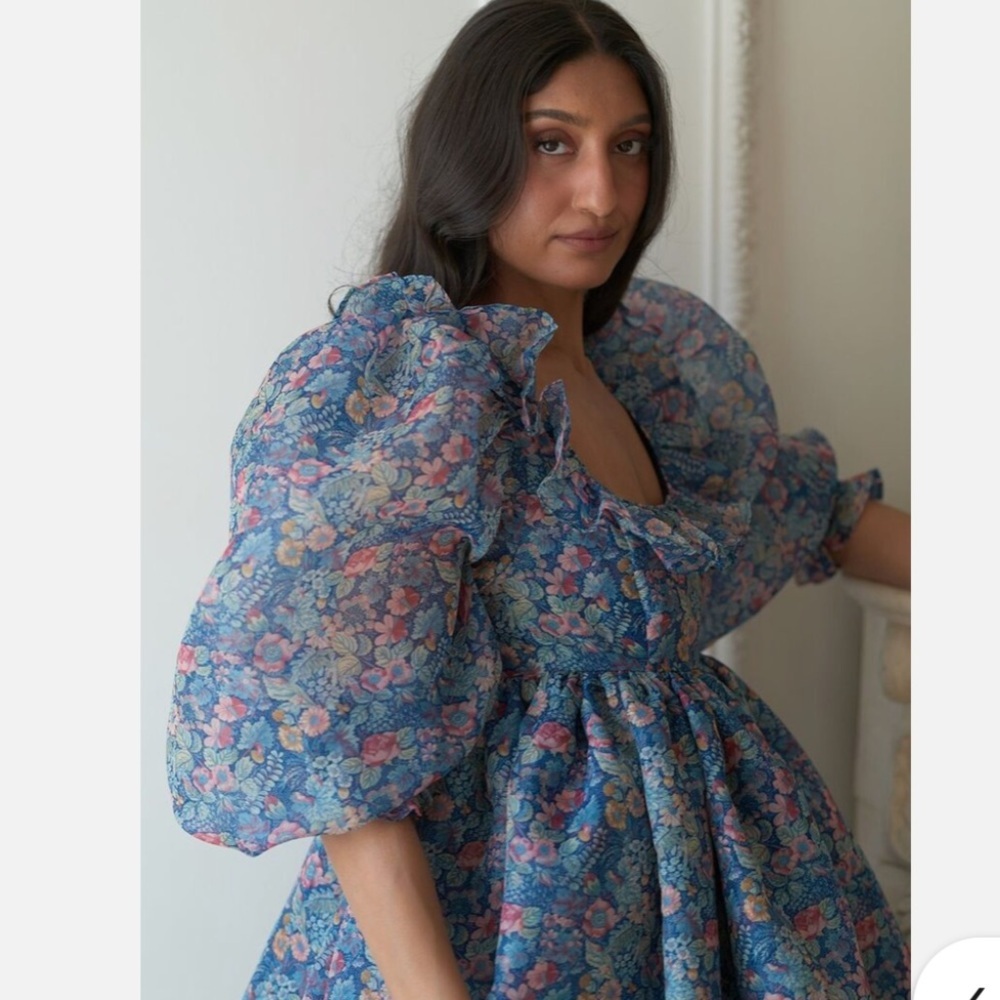 NWOT Selkie Mayfair Secret Garden Puff Sleeve Blue Floral Mini Dress Size XL - Picture 5 of 16